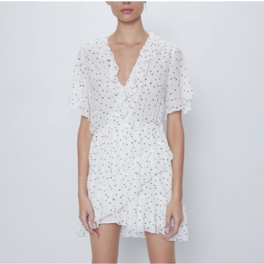 Zara White Black Polka Dot Ruffle Wrap Romper Size M